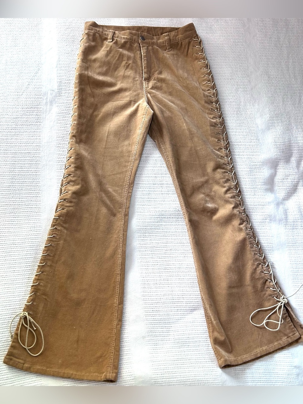 Y2K The Blues Side Tie-Up Corduroy Pants Missy Size 6 Lace Up Flare Hippie Boho